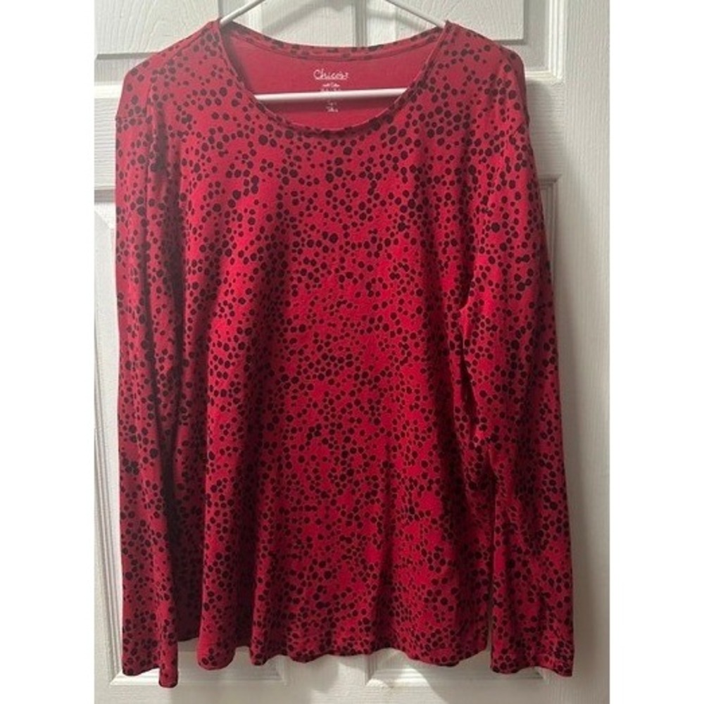 Chicos Red Black Dot Print Long Sleeve Cotton Top Crew Neck Size 3 XL